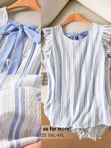 CosyJoli Áo kiểu dáng rộng rãi, thanh lịch, họa tiết da báo, tay ngắn, cổ tròn, thắt nơ, phối nhiều mảnh, dành cho người có vóc dáng đầy đặn. - Màu xanh lam - Xem 1