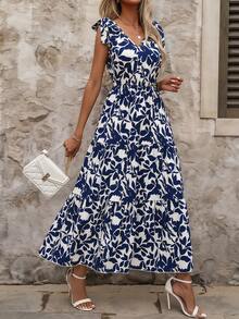 Reflora Plus Size Floral Print V-Neck Ruffle Hem Sleeveless Dress - Multicolor - View 10