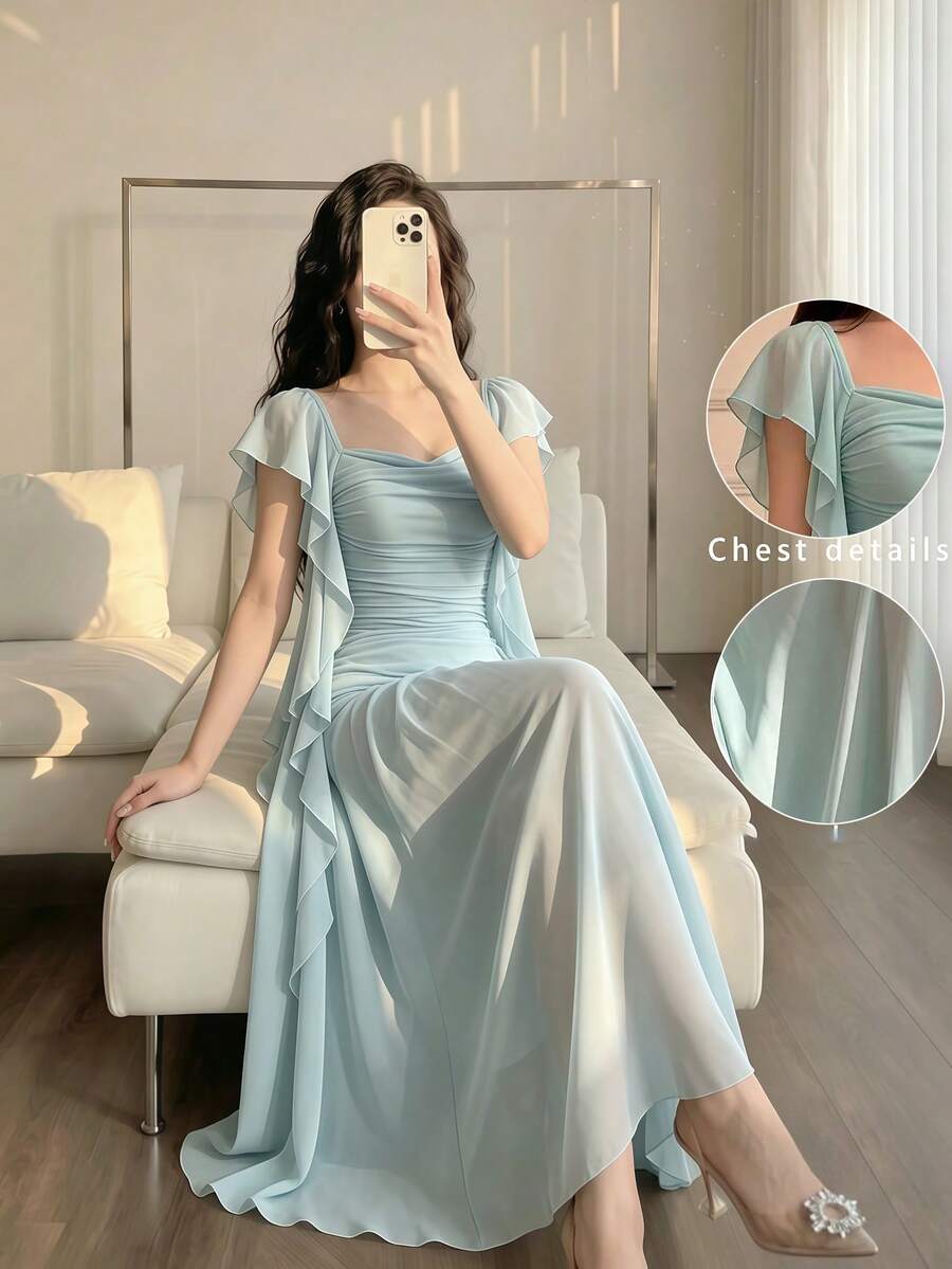 Celisse Women's Elegant Ruffle Hem Patchwork Long Dress, Pleated Design - Turquoise - View 1