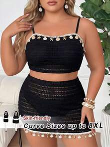 SHEIN CURVE+ 2026新款大尺碼女裝泳衣，特殊面料貝殼裝飾平口高腰開衩泳衣，復古海灘度假大尺碼比基尼 - 黑色 - 查看 1