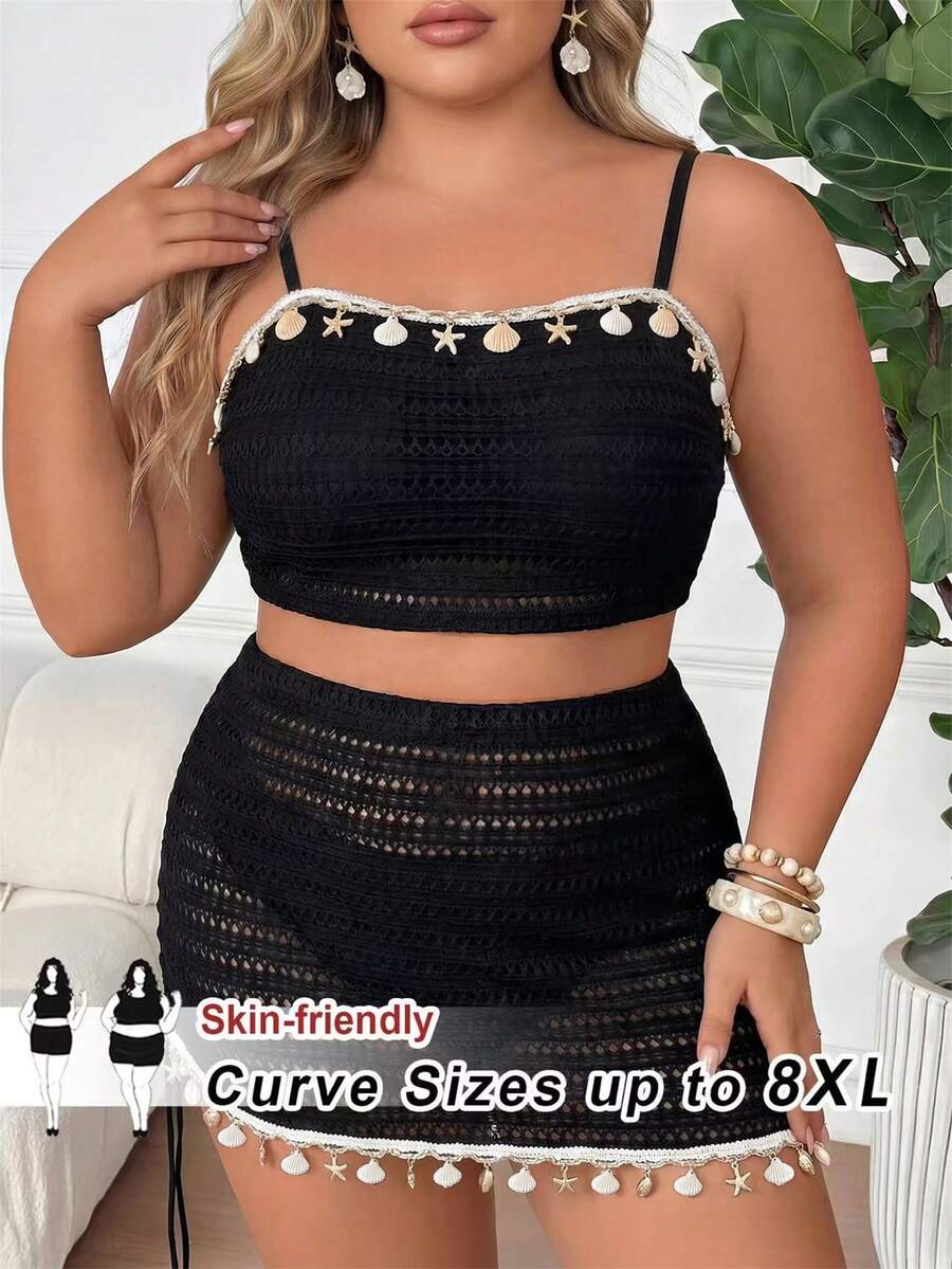 SHEIN CURVE+ 2026新款大尺碼女裝泳衣,特殊面料貝殼裝飾平口高腰開衩泳衣,復古海灘度假大尺碼比基尼 - 黑色 - 查看 1