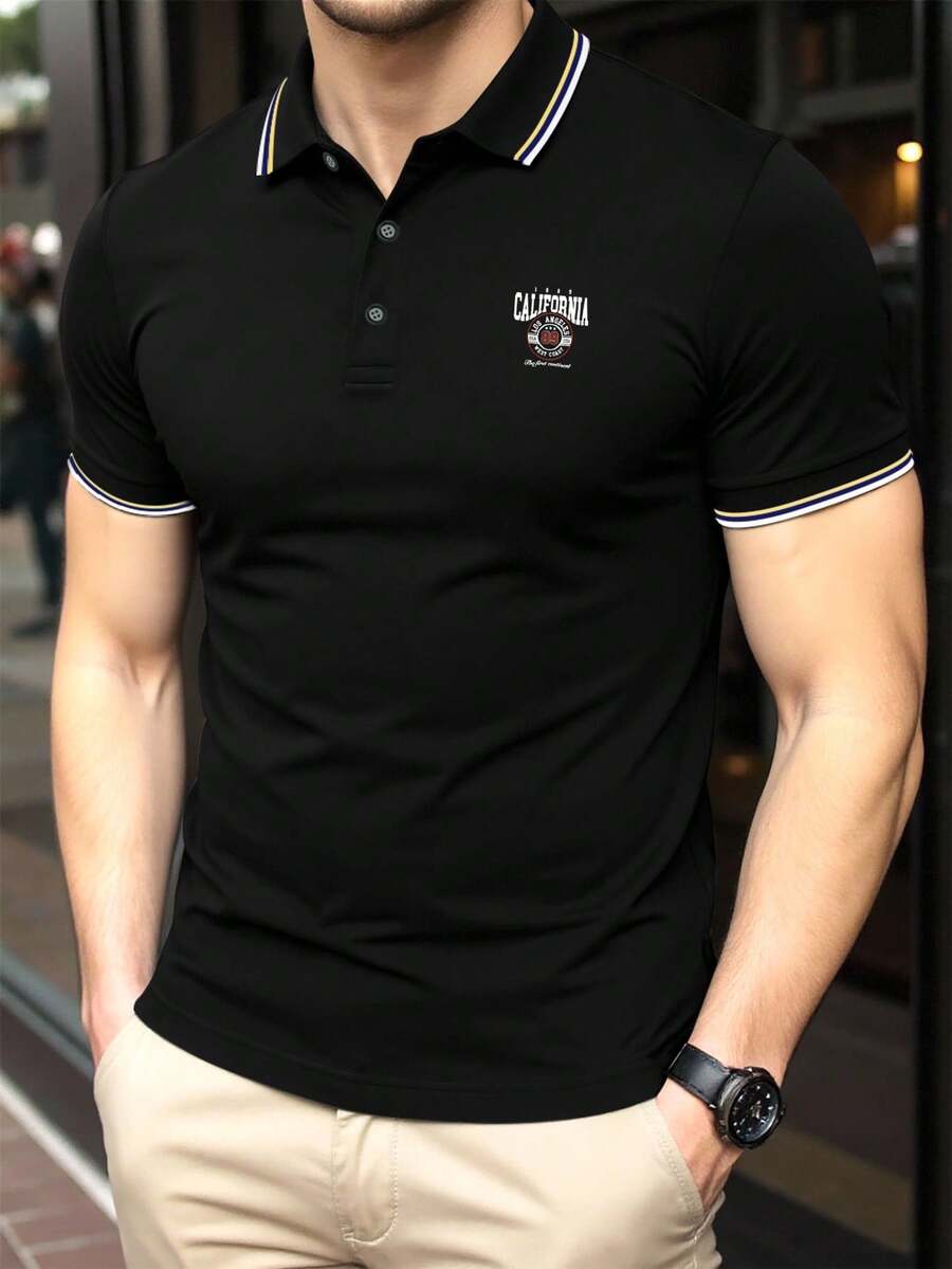 Manfinity Dauomo Áo thun polo nam họa tiết graffiti cổ điển, phong cách thời trang đường phố - màu đen - Xem 1