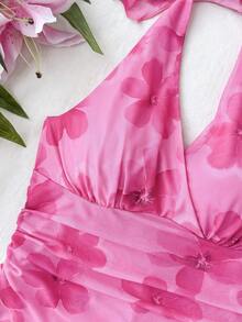 SHEIN Tween Girls Dresses Summer Casual Vacation Floral Print Mesh Halter Neck Dress - Hot Pink - View 4