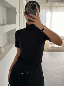 DAZY High Neck Solid Tee Summer,Business Casual Women Preppy Tops - Black - View 7