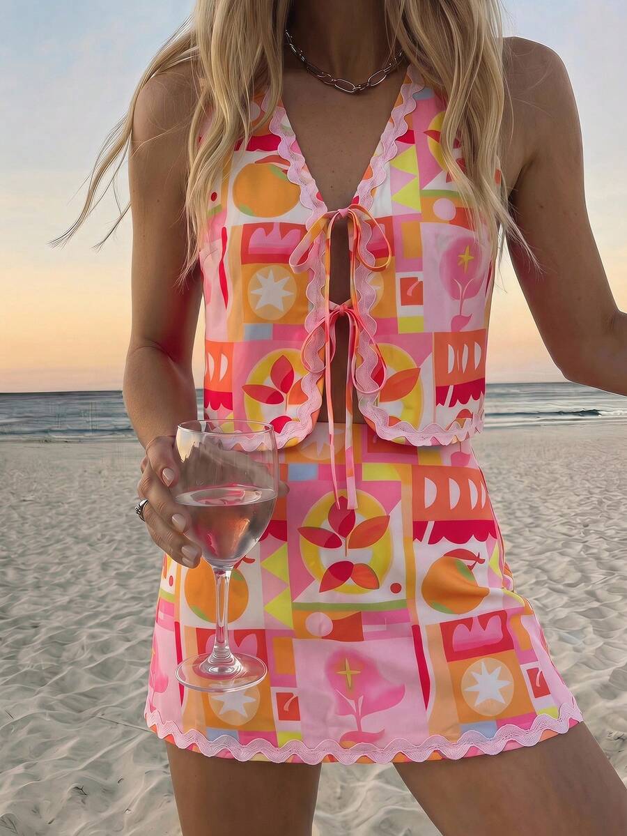 Vivid Eden Ensemble débardeur à lacets et jupe-short imprimé géométrique pour femmes, vacances à la plage, soirée romantique - Rose bonbon - Voir 1