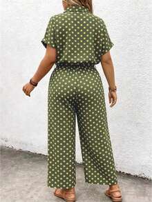 Linhara CURVE Plus Size Women's Polka Dot Shirt Collar Short Sleeve Button Front Tie Decor Jumpsuit - Green - View 2