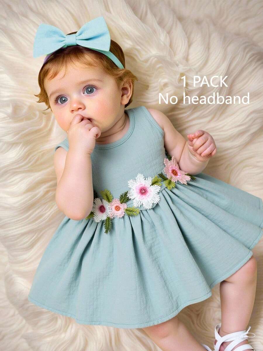 SHEIN Váy bé gái dễ thương màu hồng nhạt xanh lá bằng cotton thoáng khí không tay thêu hoa phong cách nghỉ dưỡng mùa hè trang phục khách mời đám cưới 1-9 tháng - màu xanh lá - Xem 1