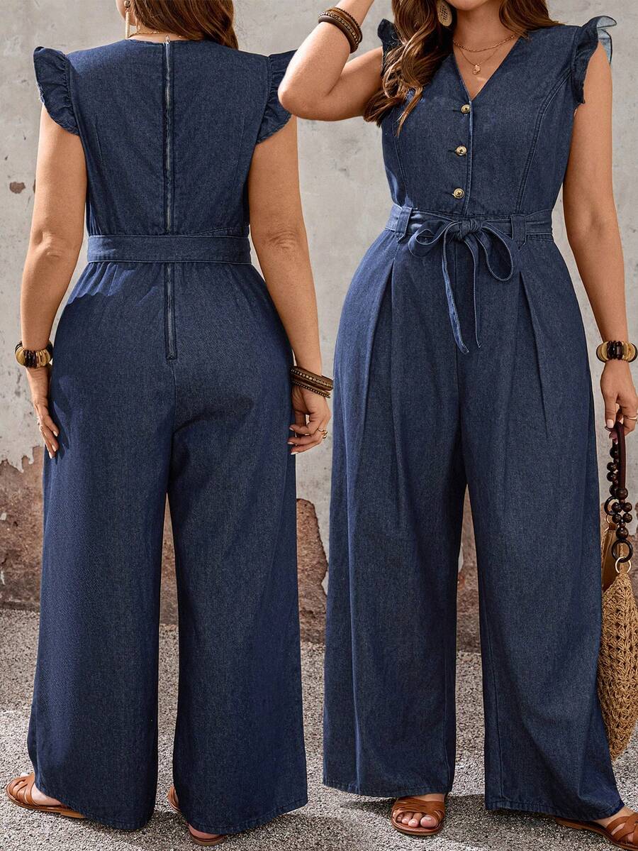 Modelyn CURVE Plus Size Women's Navy Blue Denim Jumpsuit,V-Neck Ruffle Sleeve Belted Wide Leg Overalls,Summer Smart Casual Everyday Minimalist Button Down Romper - Blue - View 1