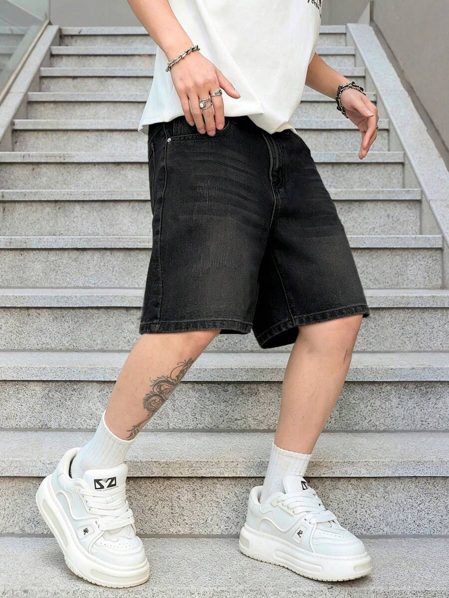 Manfinity EMRG 男士纯色复古休闲宽松牛仔短裤,夏季 - 黑色 - 查看 1