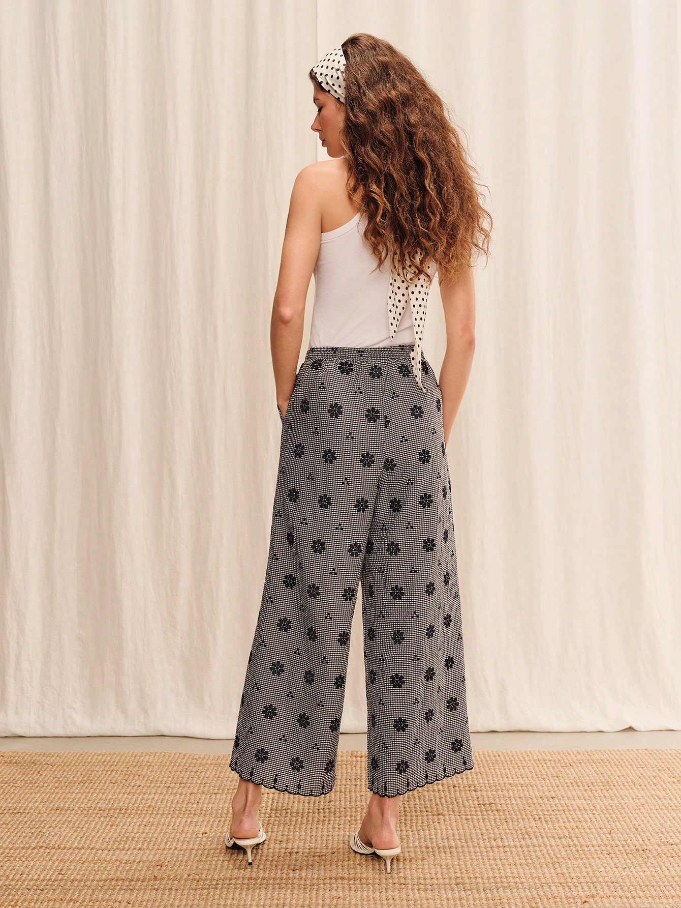 Black Gingham Floral Embroidered Pants With An Elasticated Waistband Summer Holiday Casual Pants