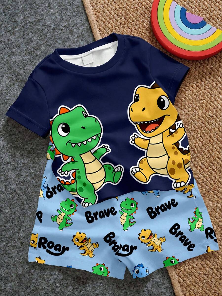 Young Boy Casual Minimalist T-Shirt Set, Classic Cute Cartoon Dinosaur Print, Suitable For Spring And Summer - Multicolor - View 1