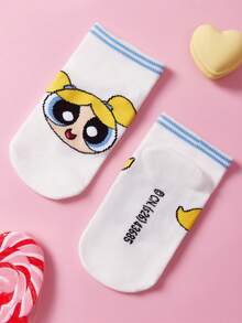 THE POWERPUFF GIRLS X SHEIN 3雙兒童中筒棉襪，簡約百搭白色學生襪，柔軟透氣吸濕，可愛卡通加強趾跟耐磨，男女童日常室內外通用四季款 - 白色 - 查看 3