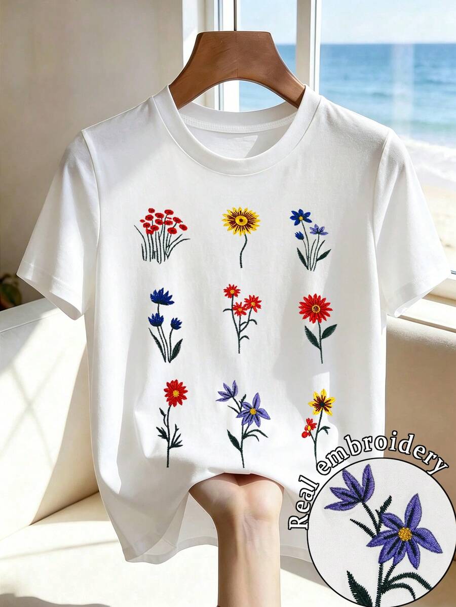 Franclia 女款花卉刺繡休閒百搭圓領短袖T恤 - 白色 - 查看 1
