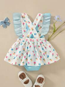Souflis Souflis 1 chiếc váy bodysuit bé gái dễ thương tay cánh bướm màu trắng họa tiết hoa cầu vồng thỏ kèm nơ, phong cách ngọt ngào mùa hè, dùng cho dã ngoại, chụp ảnh lễ Phục sinh - Nhiều màu - Xem 2