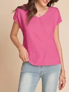 Amorya White Lace Crochet Textured Button Back V-Neck Blouse - Hot Pink - View 4