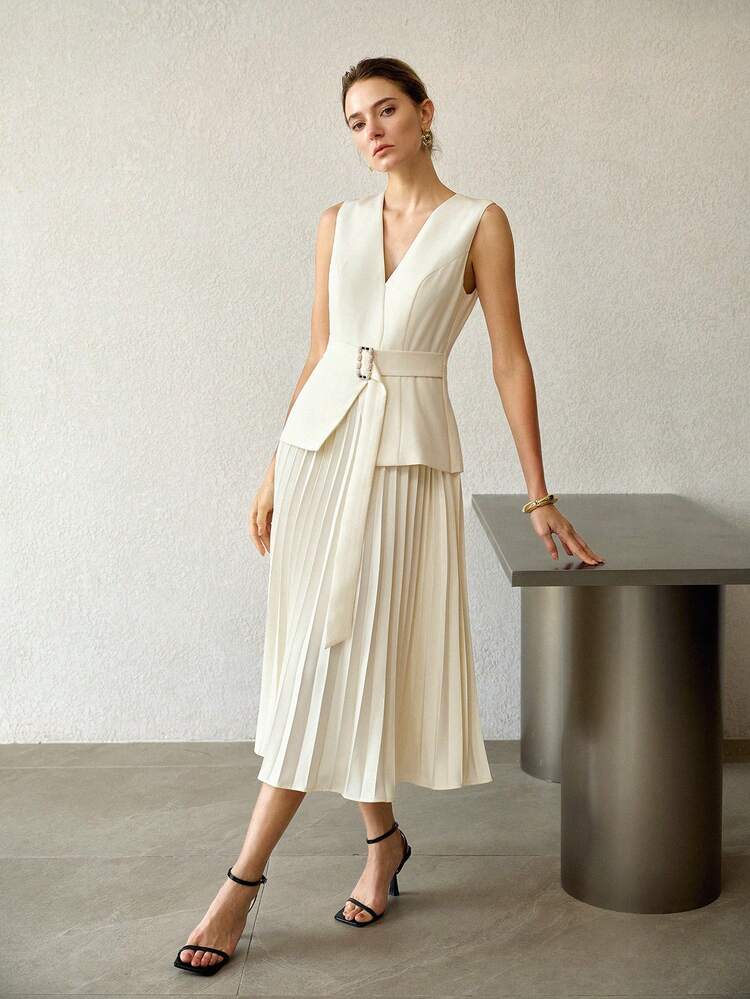 FASHIONABLE ELEGANT SLEEVELESS WITH PLEATED HEM, FAUX TWO-PIECE MID-LENGTH DRESS FOR WOMEN