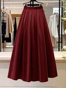 Franclia Women's Pleated Solid Color Flared Skirt - Burgundy - View 2