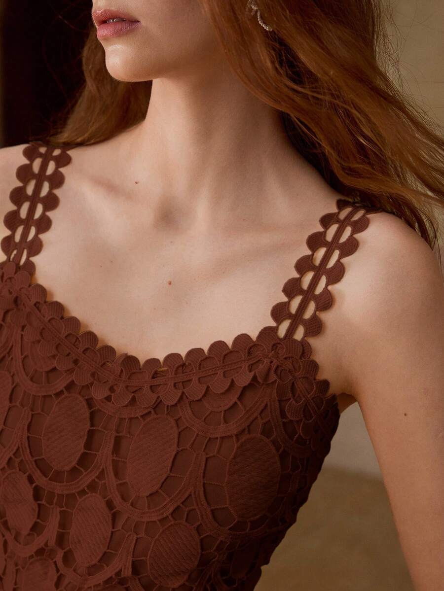 MOTF PREMIUM WOMEN GUIPURE LACE SOLID SLIM WAIST MAXI SLIP DRESS - Brown - View 2