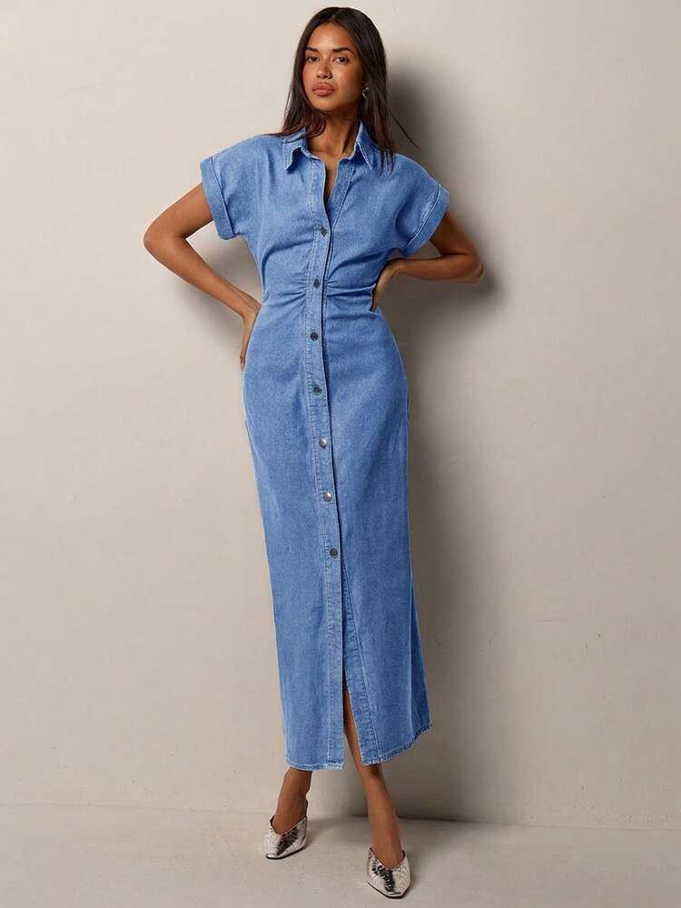 COSMINA Denim Women's Denim Short Sleeve Roll-Up Sleeve Shirt Dress, Waist Cinched Mid-Length Casual Elegant Commuter Denim Dress