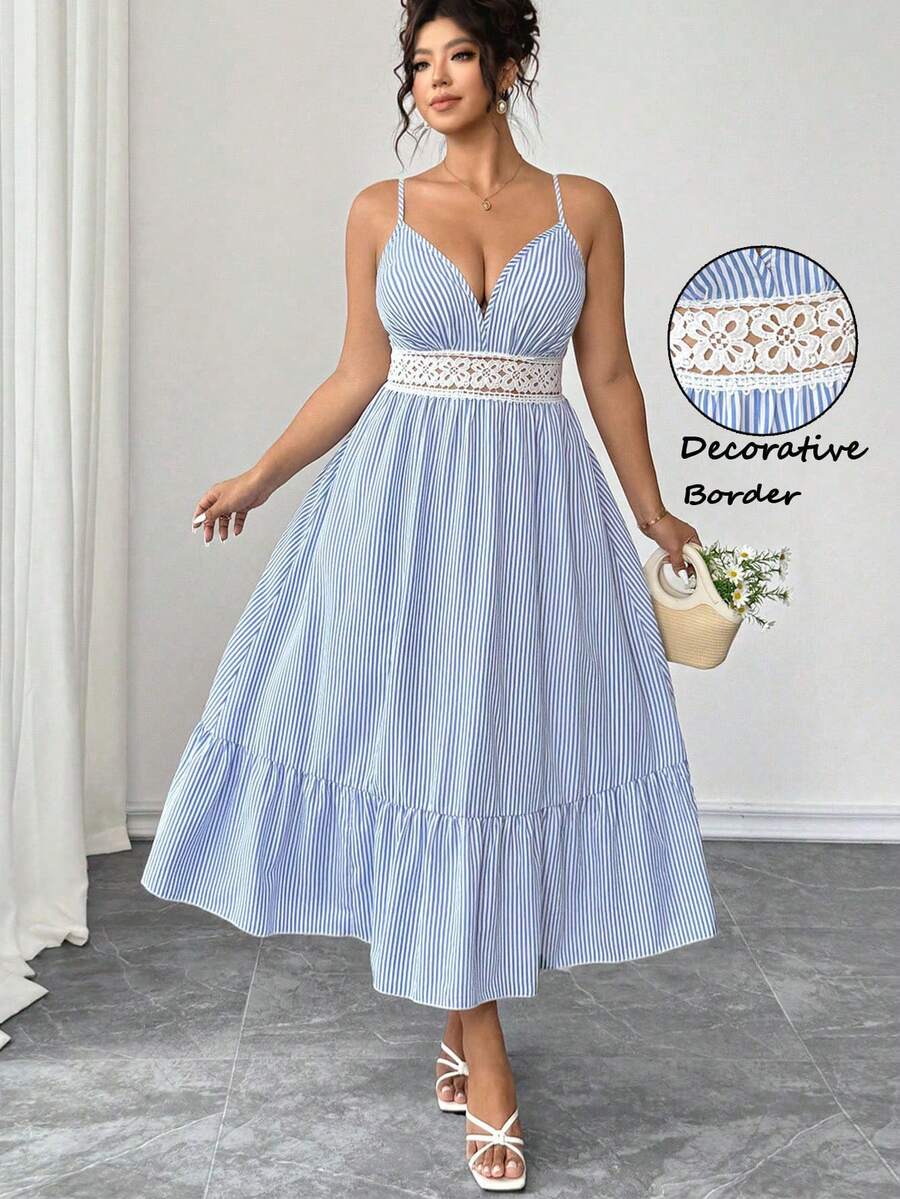 SHEIN Clasi Summer New Striped Patchwork Ruffle Camisole A-Line Sexy Boho Fashion Women Dress Beach Vacation Blue And White - Blue - View 1