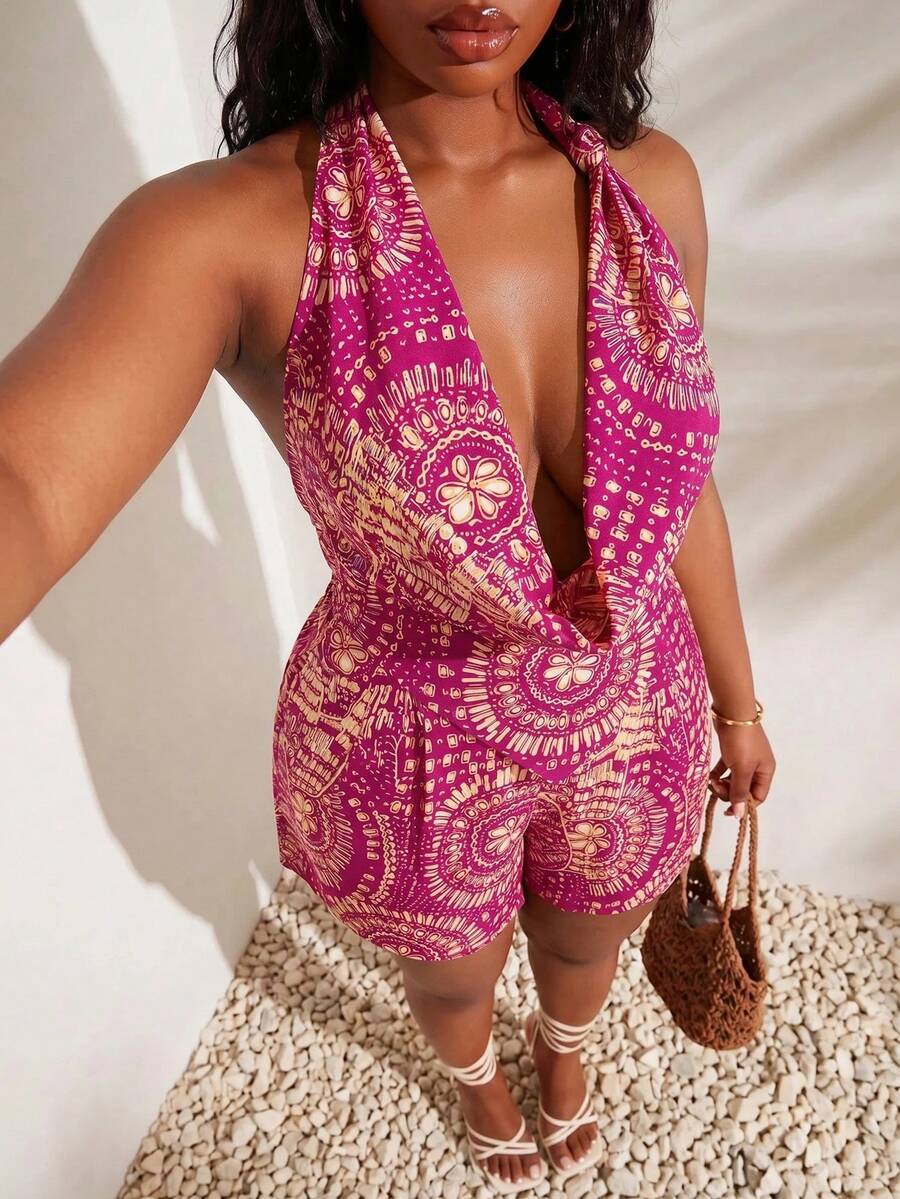 SHEIN SXY Plus-Size Rose Red Full Print Sleeveless Halter Neck Backless Top And Elastic Waistband Loose Shorts With Pockets - Hot Pink - View 1