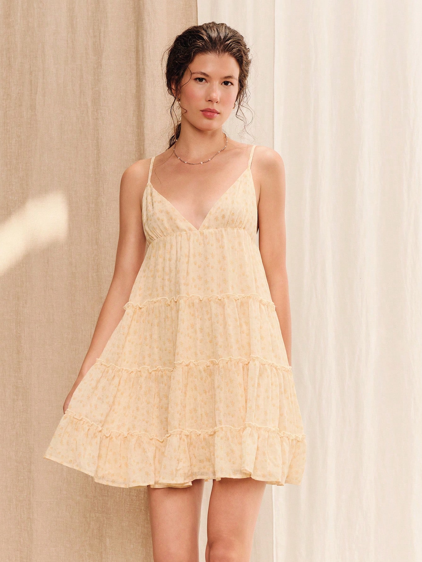 Yellow Floral Ruffled Mini Dress With Triangle Bust Summer Holiday Casual French Style Dress