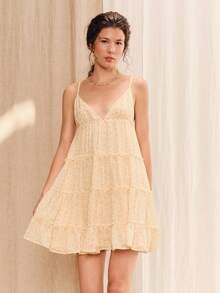 lacRébo Beige Floral Ruffled Mini Dress With Triangle Bust Summer Holiday Casual Cottagecore Romantic Boho French Style Loose Vacation Garden Party - Yellow - View 3