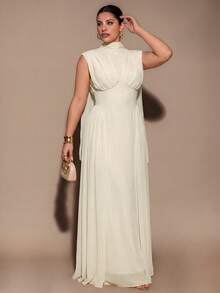 SHEIN BAE CURVE Plus Size Summer Elegant Solid Color Sleeveless Dress,Classy Cream Sleeveless High Neck Long Dress Pleated Detail Perfect For Evening Events - Apricot - View 6