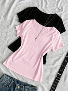 Sweetra Plus Size V-Neck Short Sleeve Fitted Cinched Waist T-Shirt - Pink - View 1