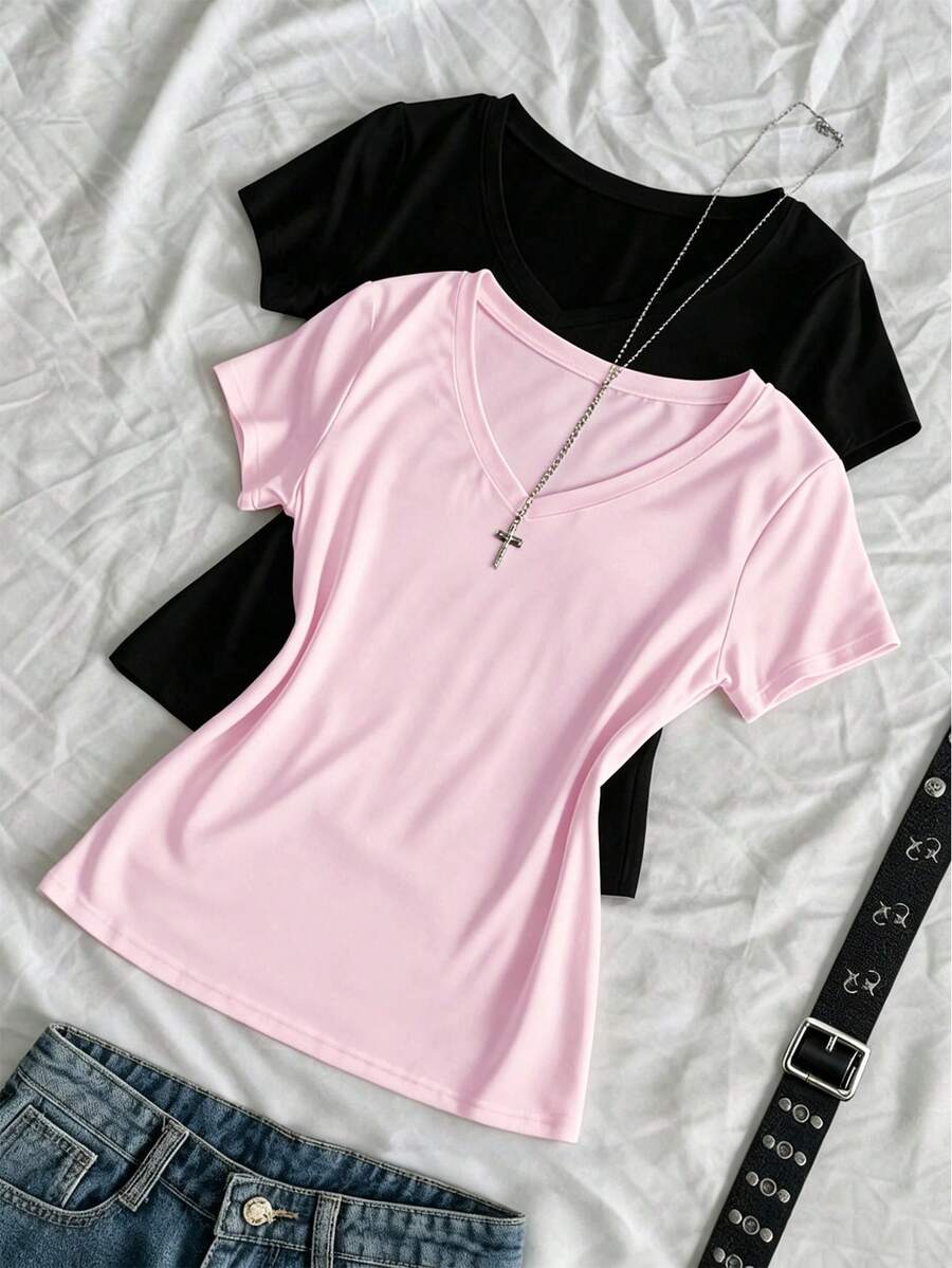 Sweetra Plus Size V-Neck Short Sleeve Fitted Cinched Waist T-Shirt - Pink - View 1