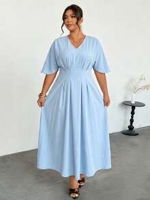 Firerie Plus-Size, Simple, Elegant Light Blue Midi Dress, Suitable For Everyday Wear, Commuting, Casual Outings, And Vacations. V-Neck, High-Waisted, Evening - Blue - View 3
