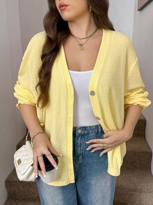 SHEIN LUNE 大尺碼女款素色單排扣V領落肩長袖夾克外套 - 黃色 - 查看 1