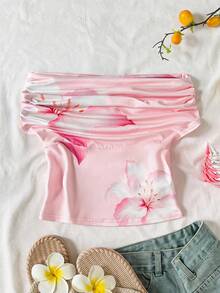SHEIN 兒童青少年女孩三種穿法休閒熱帶海灘度假花卉印花修身上衣，夏季百搭，高領露肩設計，優雅美麗，適合度假、鄉村風、海灘度假、下午茶等，端莊風格，可作為派對上衣或可愛上衣穿著 - 白色 - 查看 6