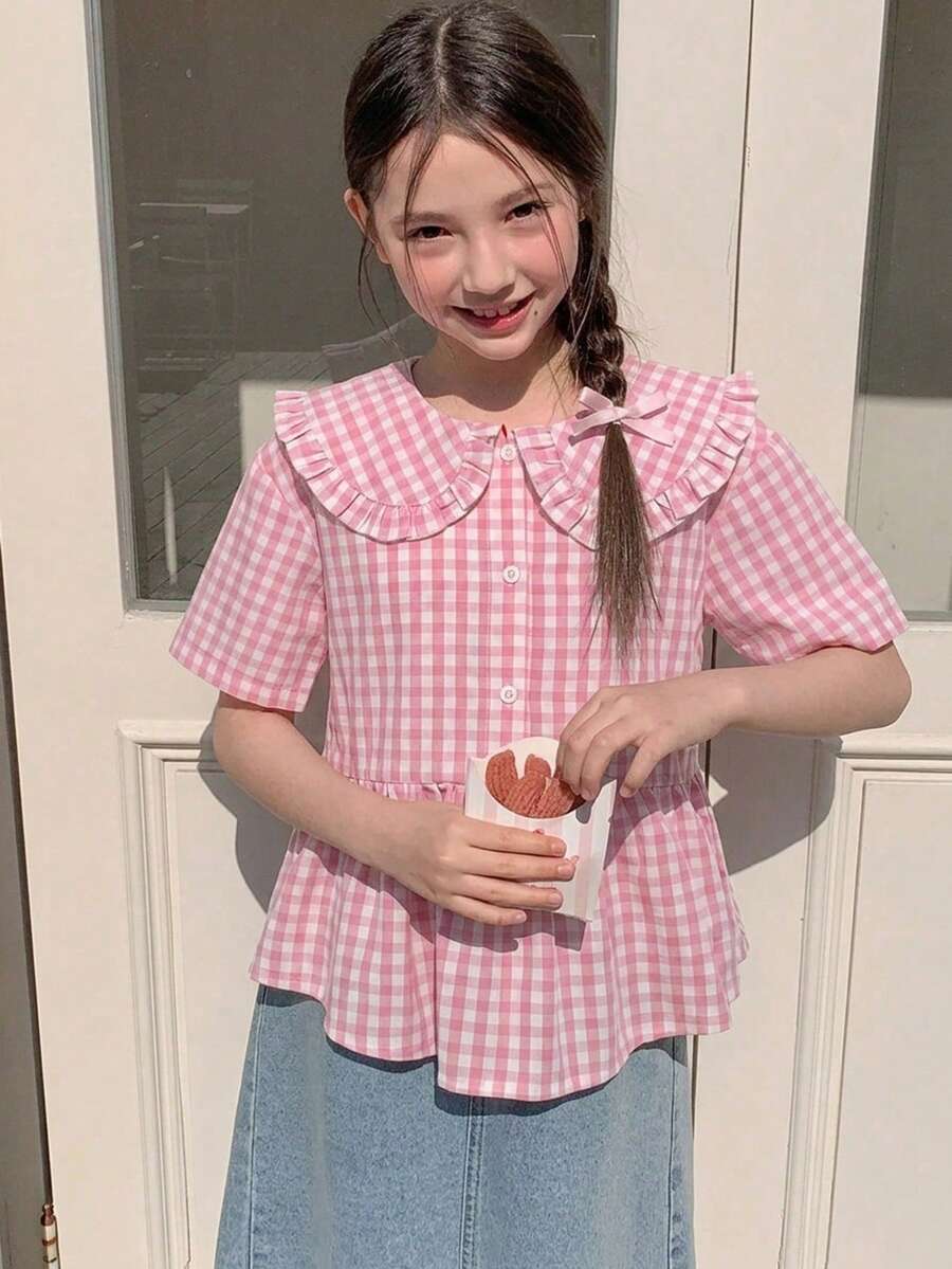 Hapijoa Tween Girl Plaid Peter Pan Collar Short Sleeve Single-Breasted Cute Blouse Summer - Coral Pink - View 1