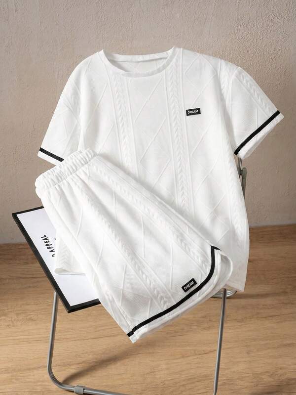 2pcs/Set Summer New Teen Boys Short Sleeve & Shorts Casual Sports Set, White Diamond Check Jacquard, Crew Neck, Loose Fit, Fashion , Comfortable Versatile For Daily Home & Outdoor Wear
