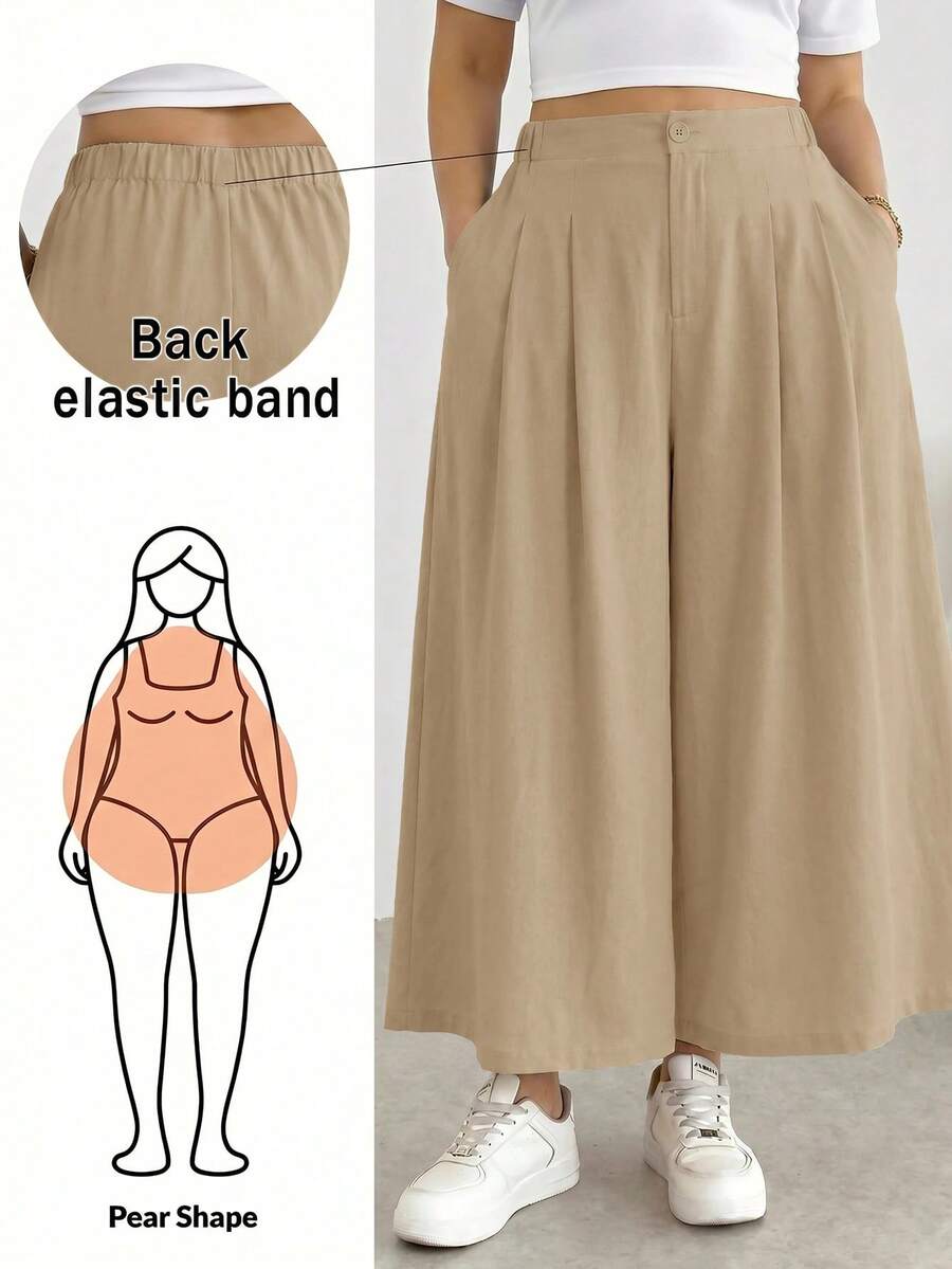 Shapeblank 大尺碼女款春夏時尚休閒寬鬆舒適涼爽透氣日常基本百搭顯瘦黑色彈性腰寬腿褲/裙褲,女裝下身,夏季穿搭,簡約風格,寬褲,歐式夏季 - 杏色 - 查看 1