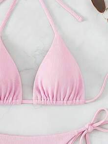 Swim Mod 夏季海灘派對度假女款純色細肩帶上衣與綁帶短褲比基尼套裝 淡粉色 性感熱帶輕盈風 - 粉色 - 查看 5