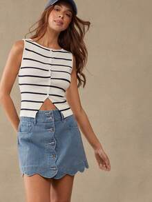 WESTFADE Everyday Jacquard Women's High Waist Scalloped Pastal Button Front 100 Cotton Denim A Line Mini Skirt, Summer, Country Sexy Casual, Festival, Boho - Medium Wash - View 4