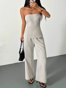 SHEIN PETITE Bộ đồ nữ gồm áo quây và quần cạp chun kẻ sọc màu mơ mới, bộ đồ nữ thường ngày, bộ quần áo kẻ sọc, bộ đồ kẻ sọc màu mơ, trang phục tối giản hàng ngày cho kỳ nghỉ, quần áo mùa xuân/hè, thanh lịch, đi làm, trang phục công sở, trở lại trường học, kỳ nghỉ, phong cách bohemian, đi biển, dịp trang trọng, thoải mái, cổ điển, áo, trang phục đi làm. - Màu be - Xem 9