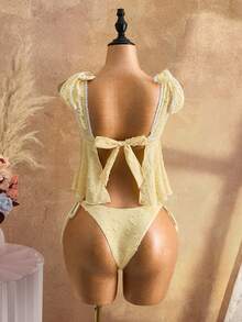 Bellisia Summer Women's Spaghetti Strap Bikini Top With Textured Ruched Fabric, Lace Trim Straps And Adjustable Side Tie Bottoms, Beach Swimsuit Set - Yellow - View 2