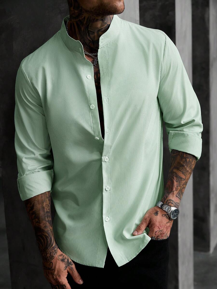 Manfinity Homme Men Stripe Print Button Front Casual Long Sleeve Shirt For Boyfriend Gift, For Fall Ceremony - Green - View 1