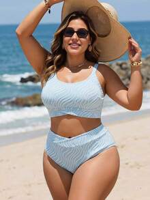 Swim Chiccia Women's Plus Size 2-Piece Textured Fabric Spaghetti Strap Triangle Bikini Set For Vacation Beach Blue And White Summer Sexy - Multicolor - View 5