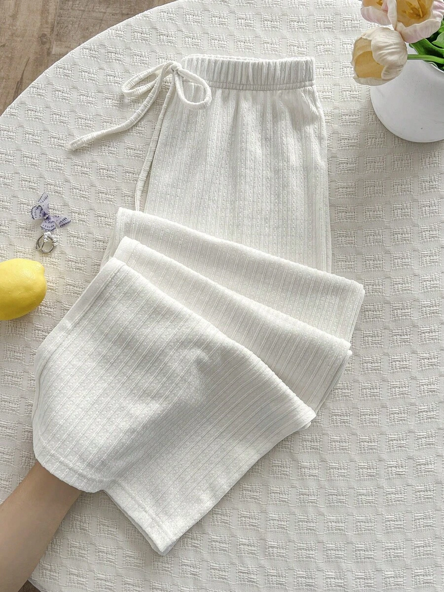 SHEIN Unity 女款春夏新款白色素色紋理休閒日常通勤百搭度假風綁帶蝴蝶結設計寬腿直筒長褲 - 杏色 - 查看 1