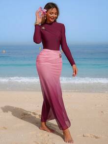 Swim Shayni Women's Gradient Long Sleeve Long Pants Mesh Skirt Metal Buckle Burkini Swimwear, Suitable For Spring/Summer Beach Swimming Burgundy Pink Modest - Burgundy - View 6