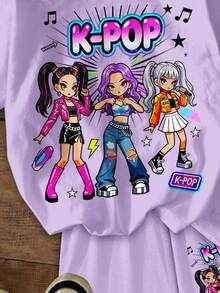 Young Girl Round Neck Letter Cartoon Print Short Sleeve T-Shirt And Shorts Casual Daily Set - Multicolor - View 7