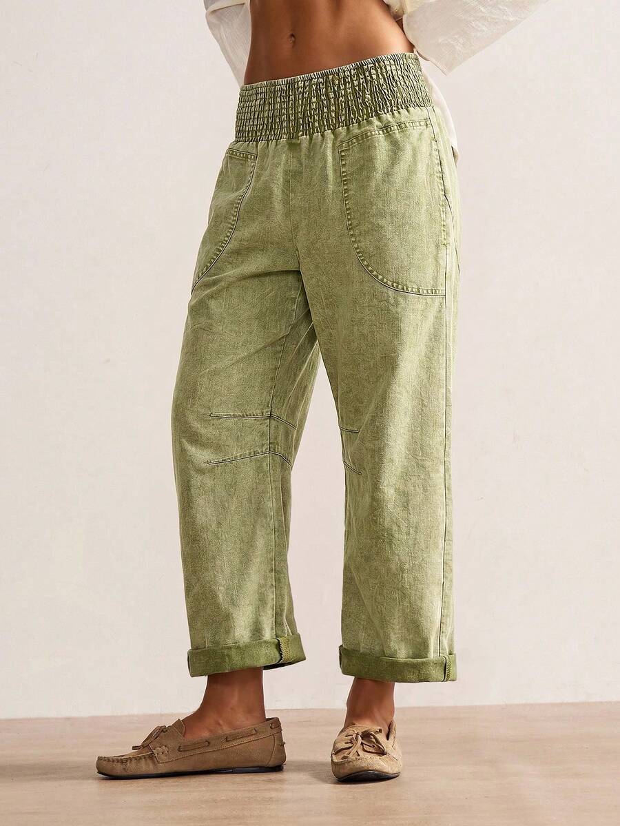 Bohemela Herbst/Winter Boho Lässig Einfarbig Gewebte Lockere Tief sitzende Damen Lange Hose - Olivgrün - Übersicht 1