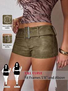 SHEIN Tall CURVE Plus Size Summer Fashion Sexy Belted Low Waist Mini Shorts - Green - View 2