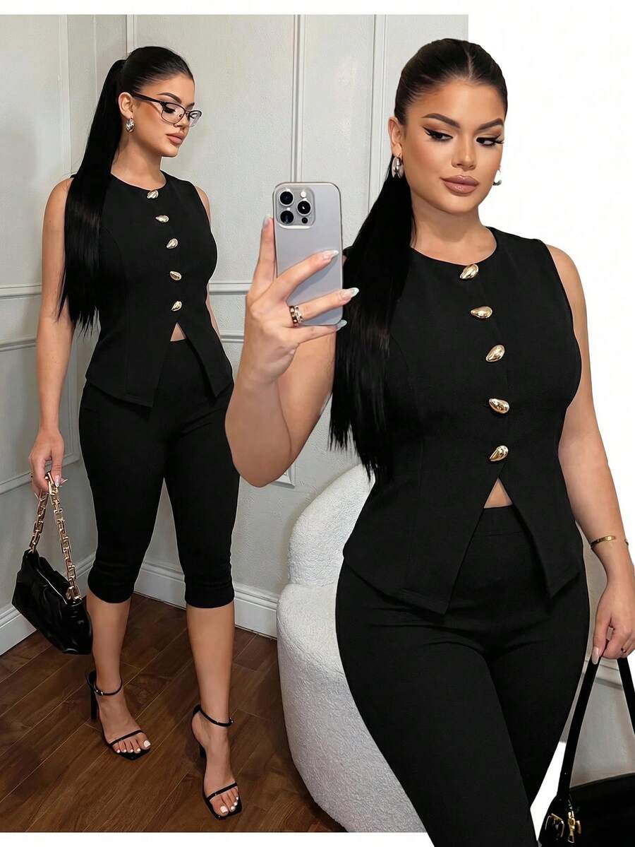 SHEIN SXY 大尺碼夏季時尚通勤晚宴正式辦公純色背心七分褲兩件套 教師節黑色優雅休閒