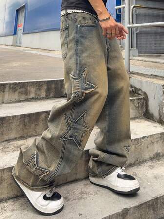Anime Herren Jeans mit lockerer Passform und Stern-Applikationsstickerei
