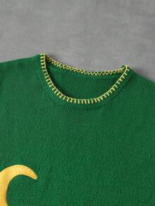 ROMWE MEN Street Life Suéter de punto casual y versátil con cuello redondo y estampado de sol y luna para uso diario de hombres - Verde Oscuro - Ver 3